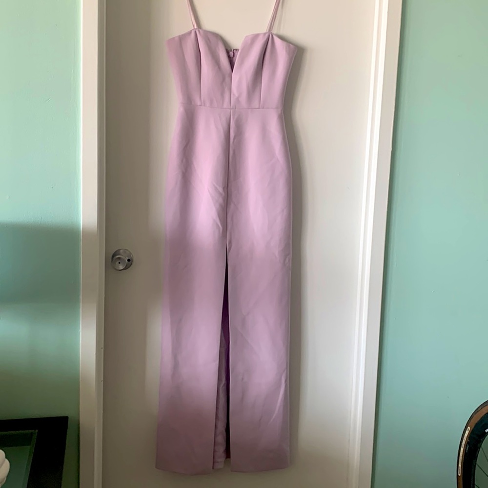 Bcbgmaxazria strapless crepe column lilac dress